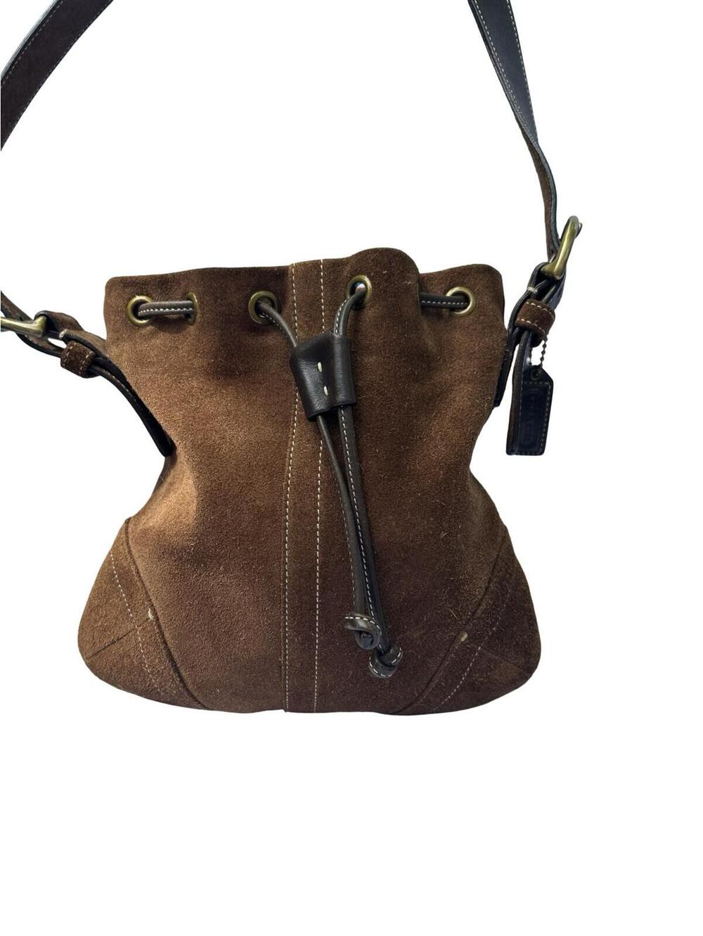 Vintage Coach Brown Suede Y2K Drawstring Bucket Bag Shoulder Purse 9854